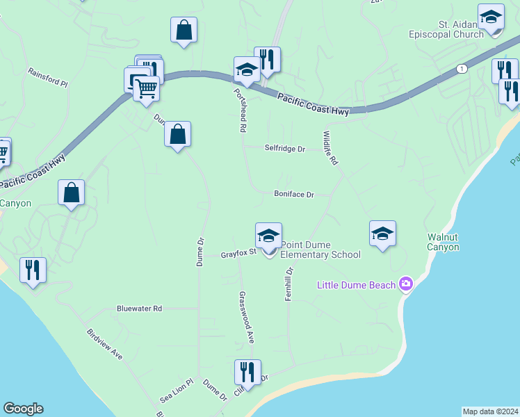 map of restaurants, bars, coffee shops, grocery stores, and more near 28942 Boniface Drive in Malibu