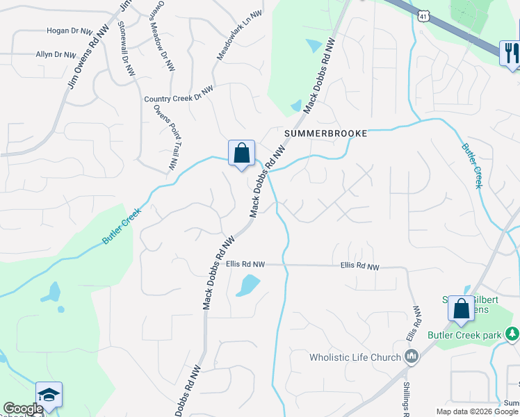 map of restaurants, bars, coffee shops, grocery stores, and more near 3100 Kaley Drive Northwest in Kennesaw
