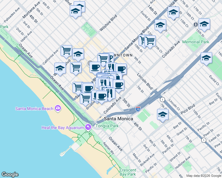 map of restaurants, bars, coffee shops, grocery stores, and more near 420 Broadway in Santa Monica