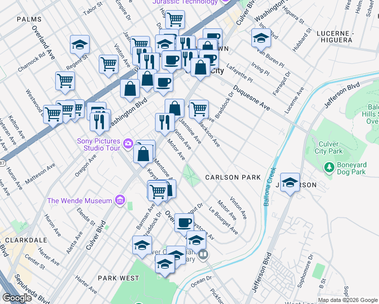 map of restaurants, bars, coffee shops, grocery stores, and more near 4179 Vinton Avenue in Culver City