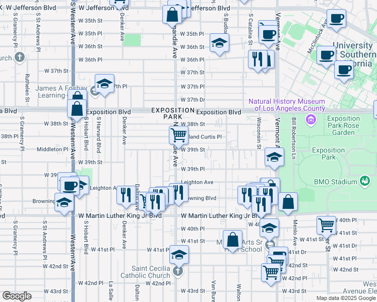 map of restaurants, bars, coffee shops, grocery stores, and more near 1252 West 39th Street in Los Angeles
