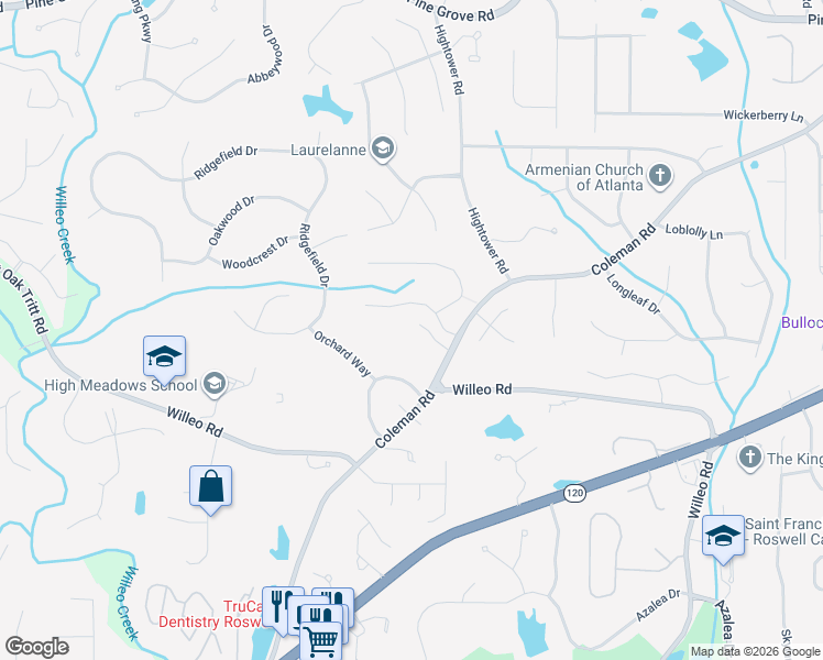 map of restaurants, bars, coffee shops, grocery stores, and more near 9650 Coleman Road in Roswell