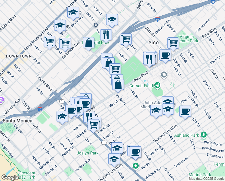 map of restaurants, bars, coffee shops, grocery stores, and more near in Santa Monica