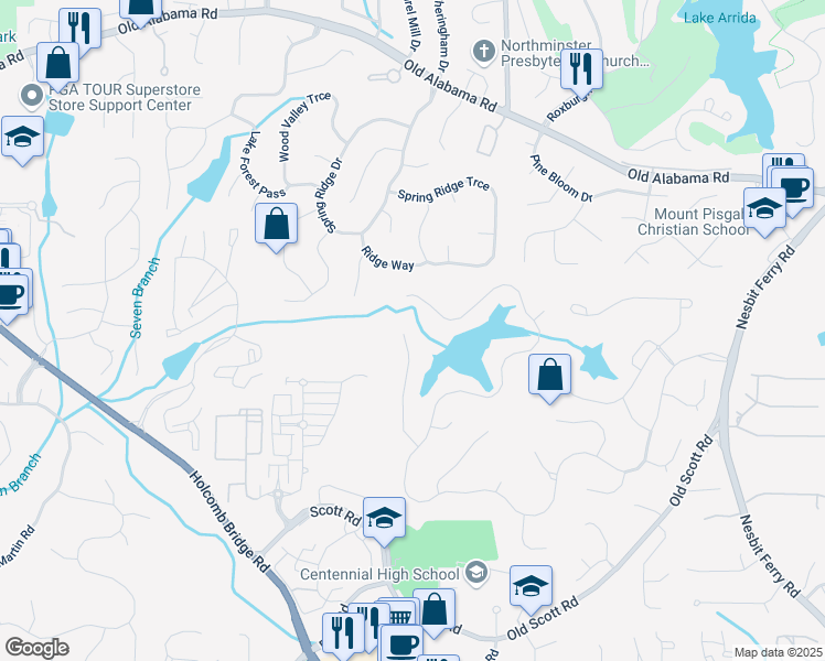 map of restaurants, bars, coffee shops, grocery stores, and more near 525 Water Shadow Lane in Alpharetta