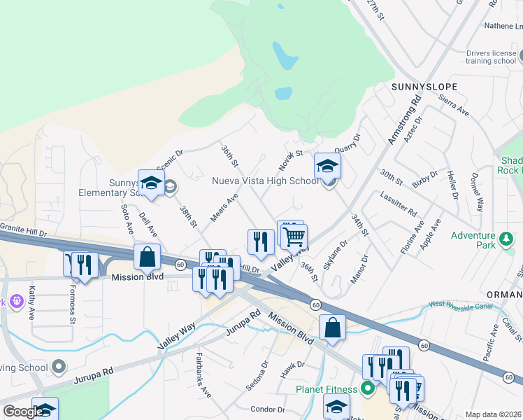 map of restaurants, bars, coffee shops, grocery stores, and more near 6924 36th Street in Riverside