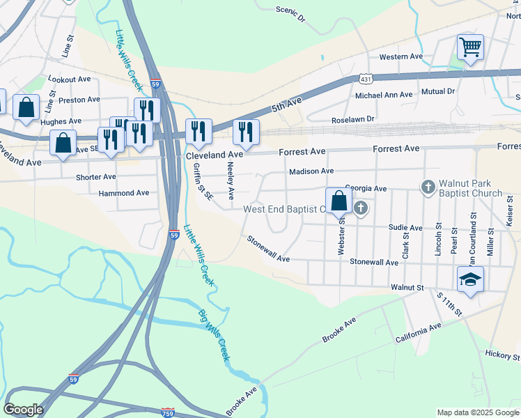 map of restaurants, bars, coffee shops, grocery stores, and more near 342 Howell Circle in Gadsden
