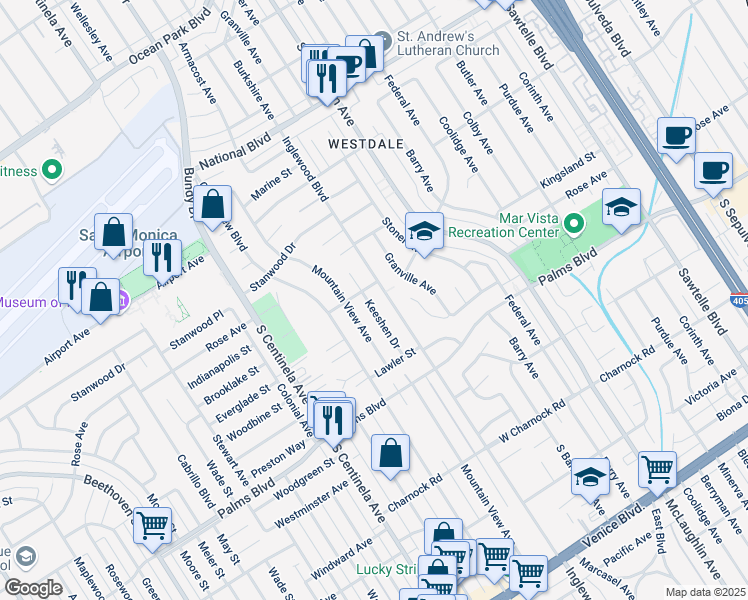 map of restaurants, bars, coffee shops, grocery stores, and more near 3312 Keeshen Drive in Los Angeles