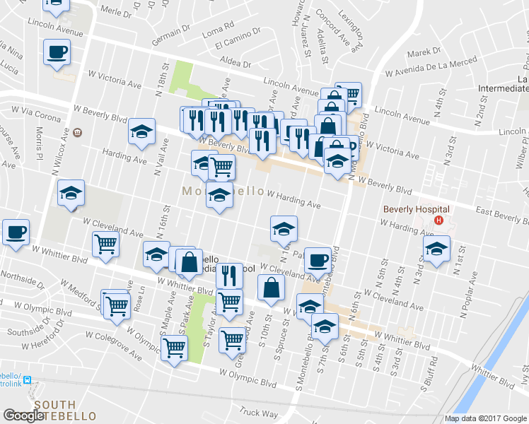 map of restaurants, bars, coffee shops, grocery stores, and more near 320 North 12th Street in Montebello