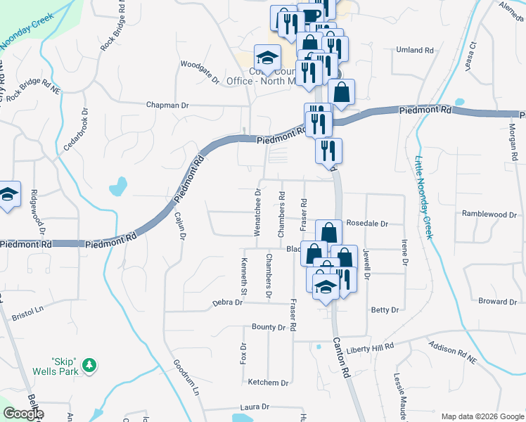 map of restaurants, bars, coffee shops, grocery stores, and more near 2632 Wenatchee Drive in Marietta