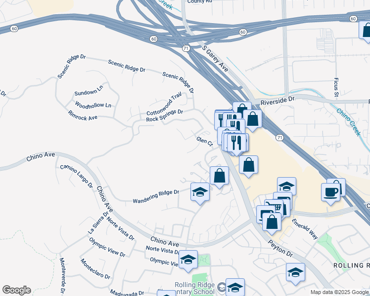 map of restaurants, bars, coffee shops, grocery stores, and more near 91 Le Parc Boulevard in Chino Hills