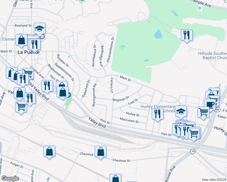 map of restaurants, bars, coffee shops, grocery stores, and more near 510 Ferrero Lane in La Puente
