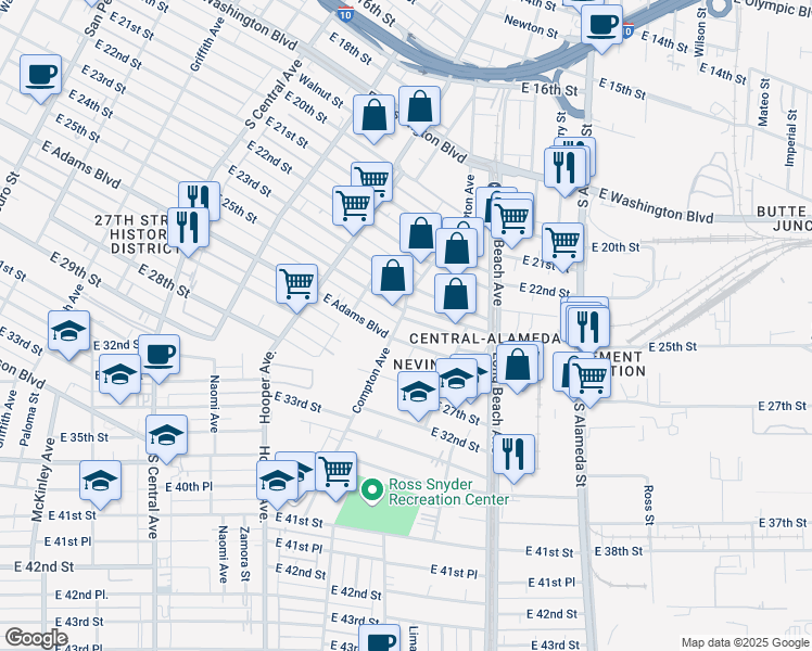map of restaurants, bars, coffee shops, grocery stores, and more near 1506 East 25th Street in Los Angeles