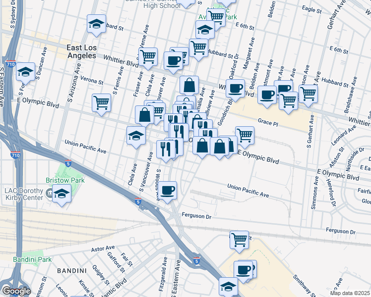 map of restaurants, bars, coffee shops, grocery stores, and more near 1221 Amalia Avenue in East Los Angeles