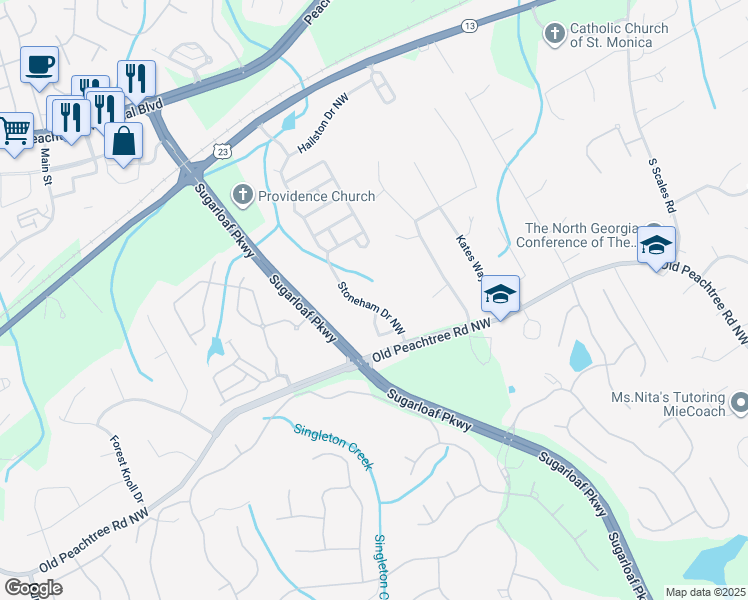 map of restaurants, bars, coffee shops, grocery stores, and more near 3423 Stoneham Drive Northwest in Duluth