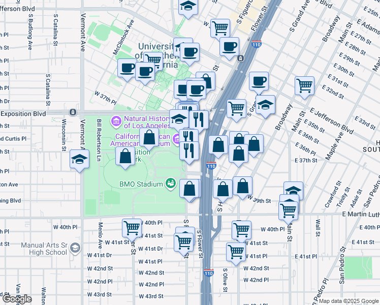 map of restaurants, bars, coffee shops, grocery stores, and more near 3800 South Figueroa Street in Los Angeles