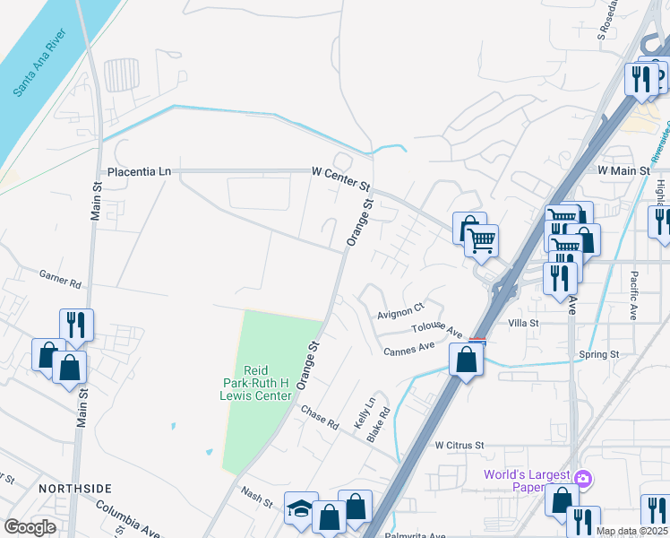 map of restaurants, bars, coffee shops, grocery stores, and more near 489 Orange Street in Riverside
