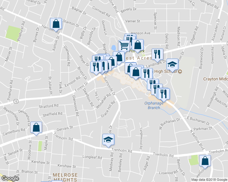 map of restaurants, bars, coffee shops, grocery stores, and more near 1510 Sunnyside Drive in Columbia