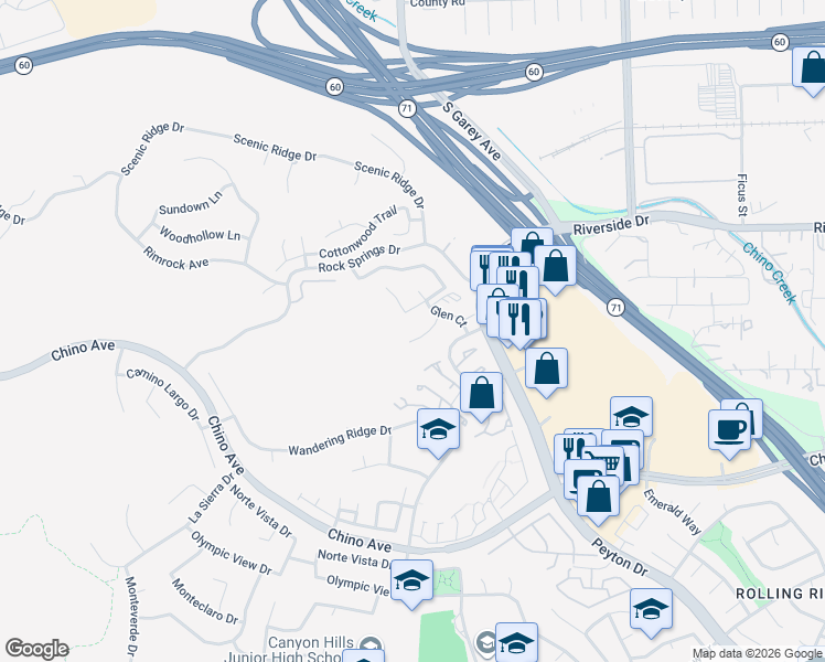 map of restaurants, bars, coffee shops, grocery stores, and more near 91 Le Parc Boulevard in Chino Hills