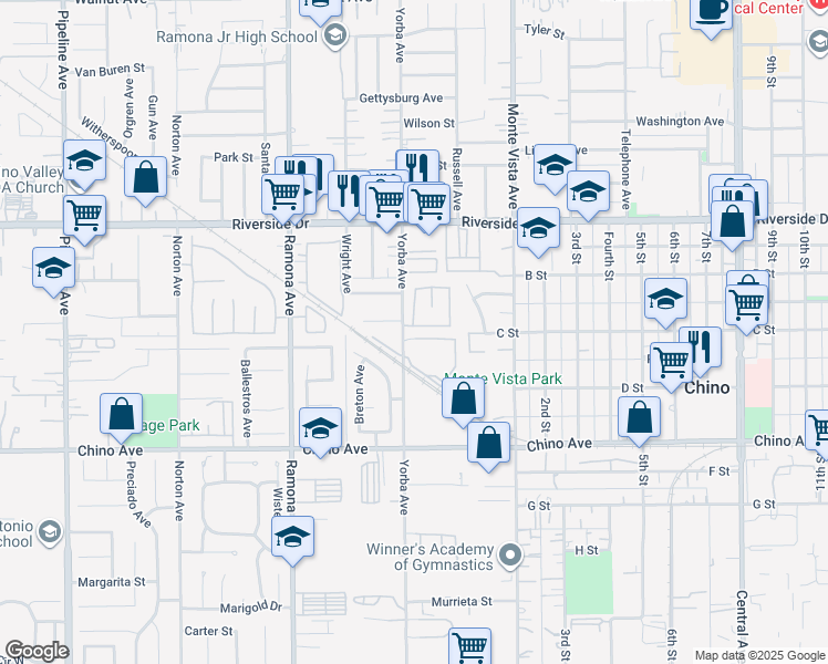 map of restaurants, bars, coffee shops, grocery stores, and more near 4719 Doheny Drive in Chino