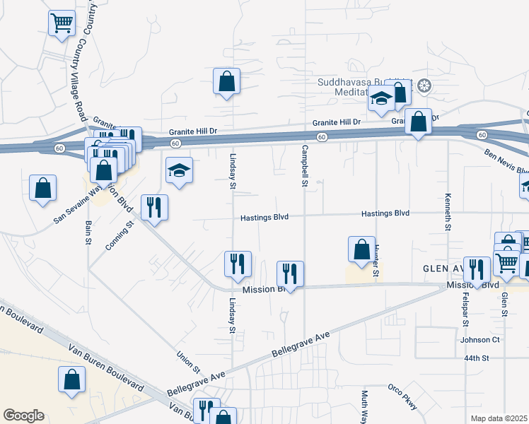 map of restaurants, bars, coffee shops, grocery stores, and more near 9715 Hastings Boulevard in Riverside