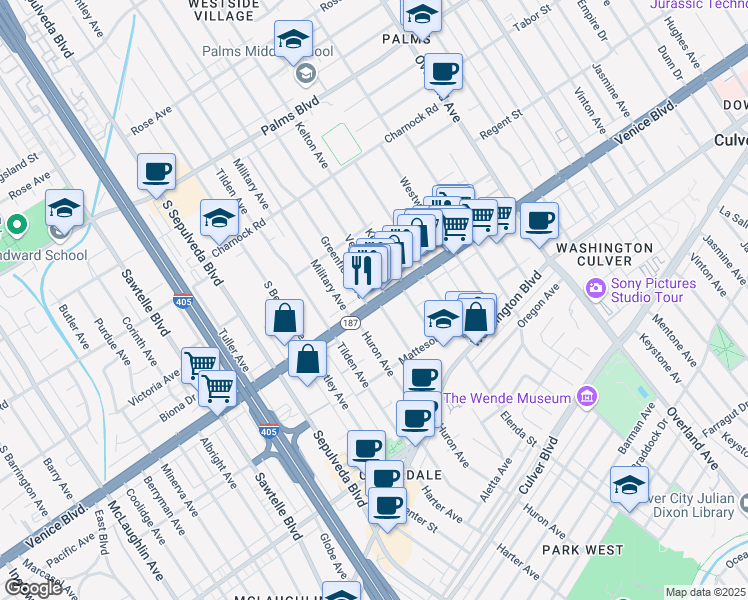 map of restaurants, bars, coffee shops, grocery stores, and more near 10939 Venice Boulevard in Los Angeles