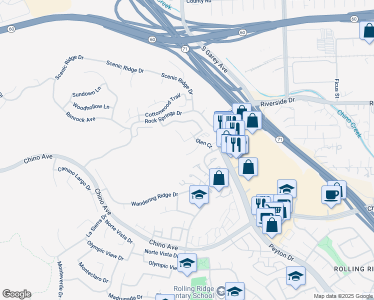 map of restaurants, bars, coffee shops, grocery stores, and more near 13096 Le Parc Boulevard in Chino Hills