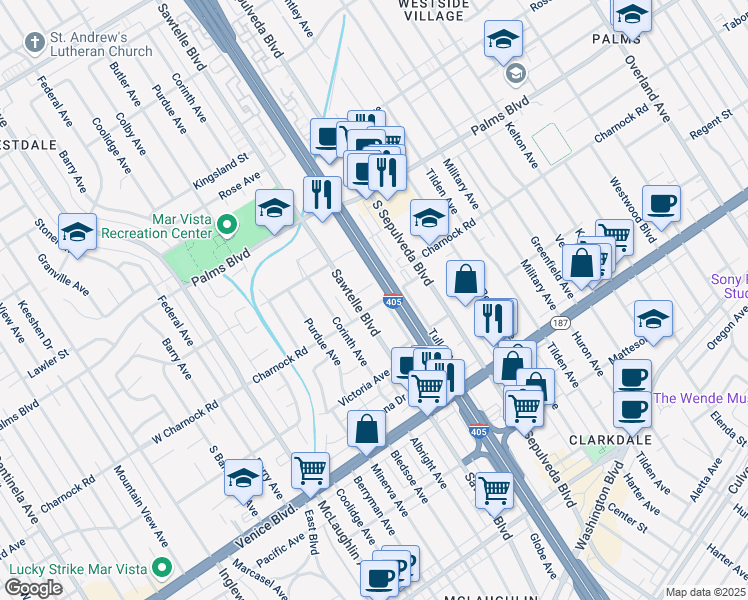 map of restaurants, bars, coffee shops, grocery stores, and more near 11273 Charnock Road in Los Angeles