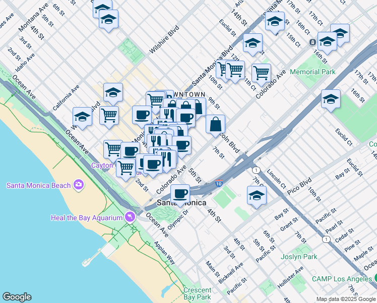 map of restaurants, bars, coffee shops, grocery stores, and more near 1540 6th Street in Santa Monica