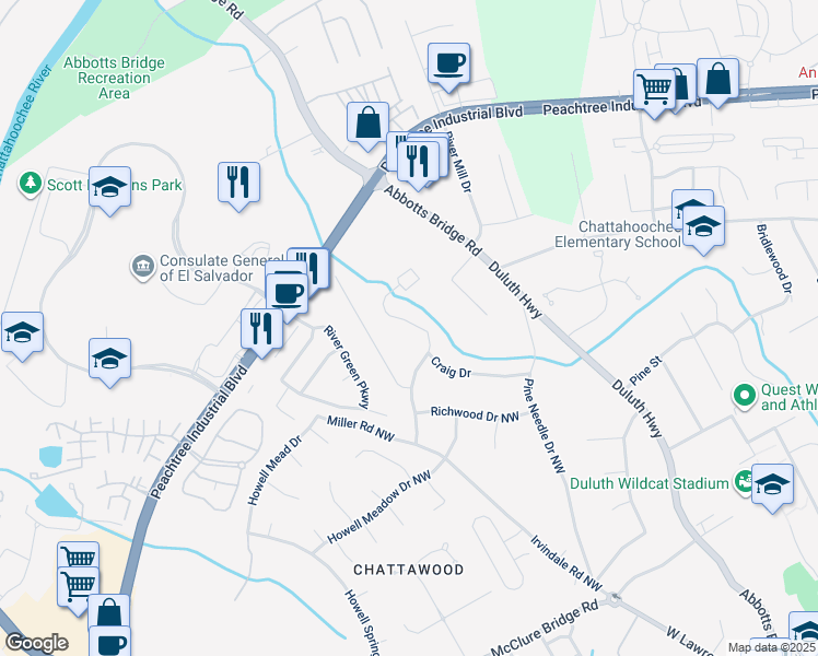 map of restaurants, bars, coffee shops, grocery stores, and more near 4140 Rogers Creek Court in Duluth
