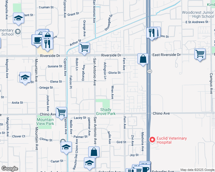 map of restaurants, bars, coffee shops, grocery stores, and more near 13105 Nighthawk Court in Chino