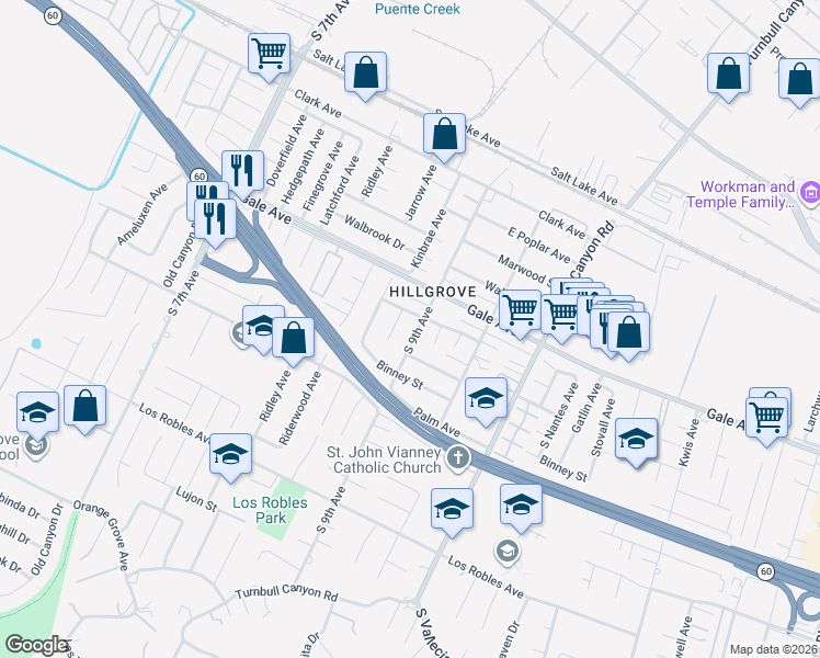 map of restaurants, bars, coffee shops, grocery stores, and more near 1149 South 9th Avenue in Hacienda Heights