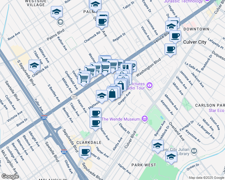 map of restaurants, bars, coffee shops, grocery stores, and more near 3863 Westwood Boulevard in Culver City