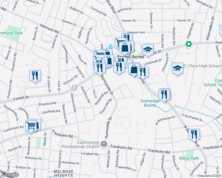 map of restaurants, bars, coffee shops, grocery stores, and more near 1510 Sunnyside Drive in Columbia