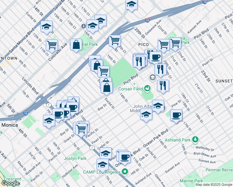 map of restaurants, bars, coffee shops, grocery stores, and more near 2020 14th Street in Santa Monica