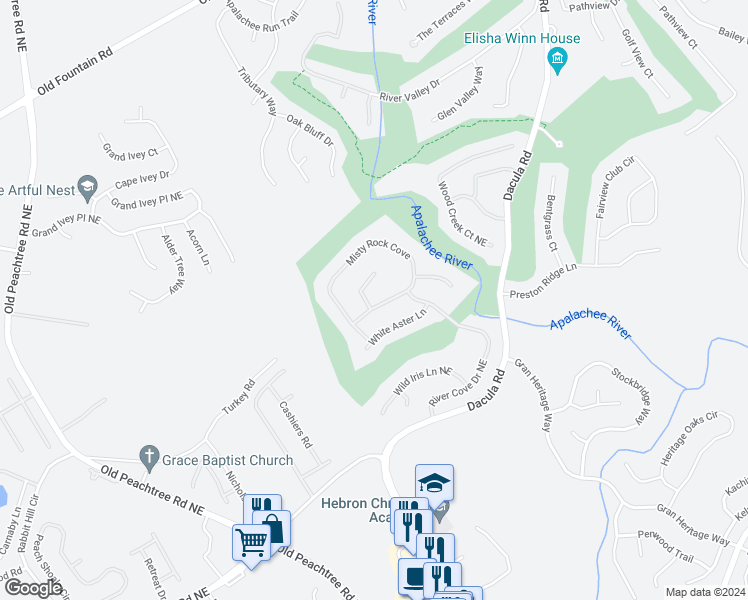 map of restaurants, bars, coffee shops, grocery stores, and more near 853 White Aster Court in Dacula