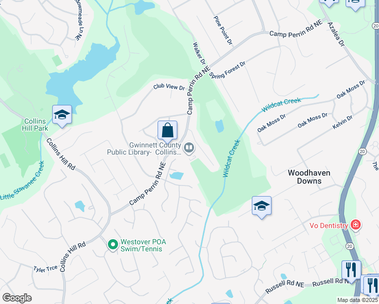 map of restaurants, bars, coffee shops, grocery stores, and more near 455 Camp Perrin Road Northeast in Lawrenceville