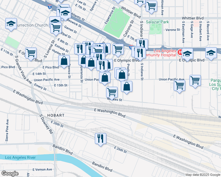map of restaurants, bars, coffee shops, grocery stores, and more near 3690 Union Pacific Avenue in Los Angeles