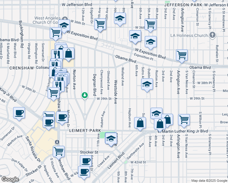 map of restaurants, bars, coffee shops, grocery stores, and more near 3867 Westside Avenue in Los Angeles