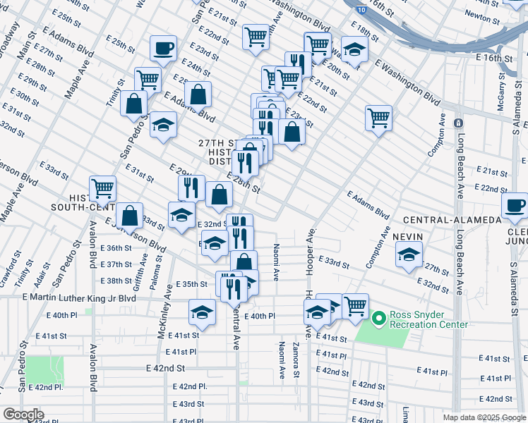 map of restaurants, bars, coffee shops, grocery stores, and more near 1117 East 29th Street in Los Angeles