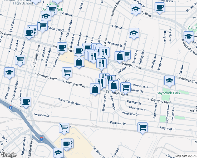 map of restaurants, bars, coffee shops, grocery stores, and more near 5756 Grace Place in Commerce