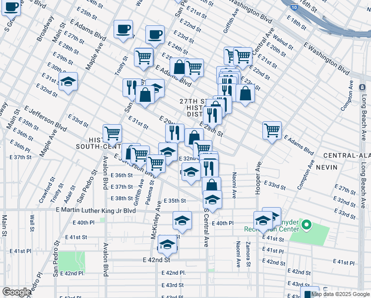 map of restaurants, bars, coffee shops, grocery stores, and more near 943 E 31st St in Los Angeles