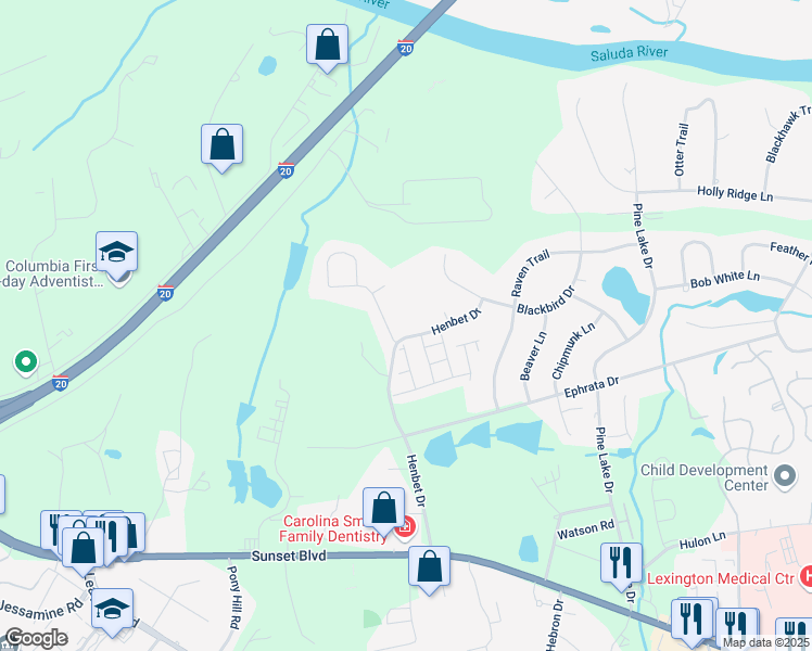 map of restaurants, bars, coffee shops, grocery stores, and more near 3420 Henbet Drive in West Columbia