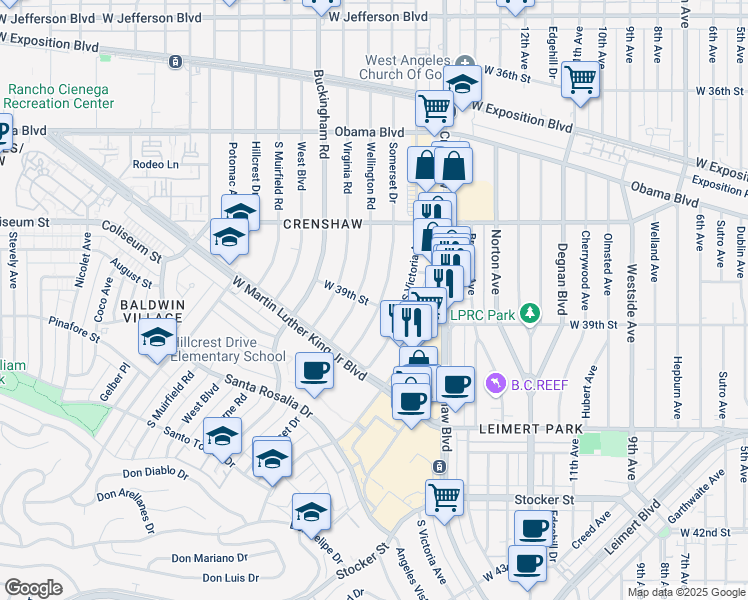 map of restaurants, bars, coffee shops, grocery stores, and more near 3863 Somerset Drive in Los Angeles