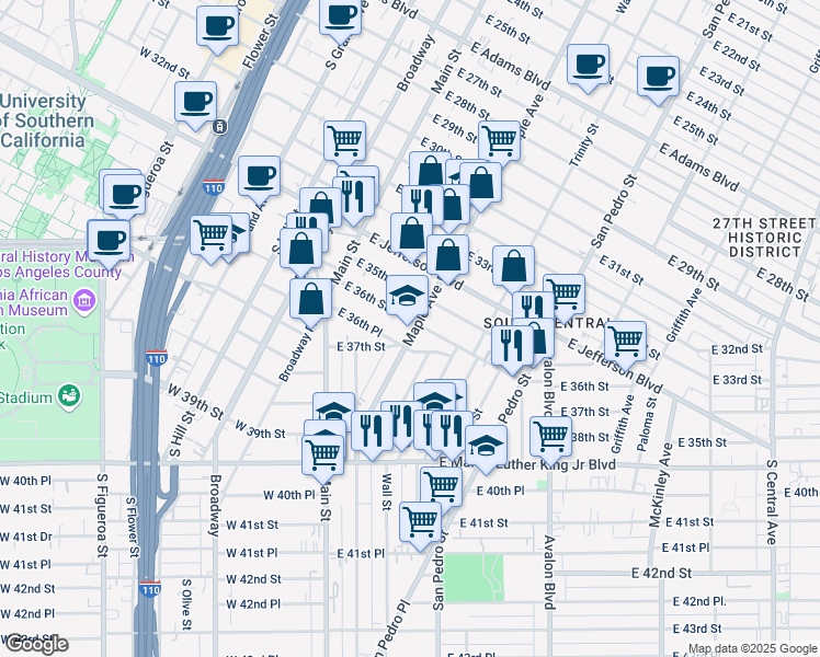 map of restaurants, bars, coffee shops, grocery stores, and more near 3601 Maple Avenue in Los Angeles