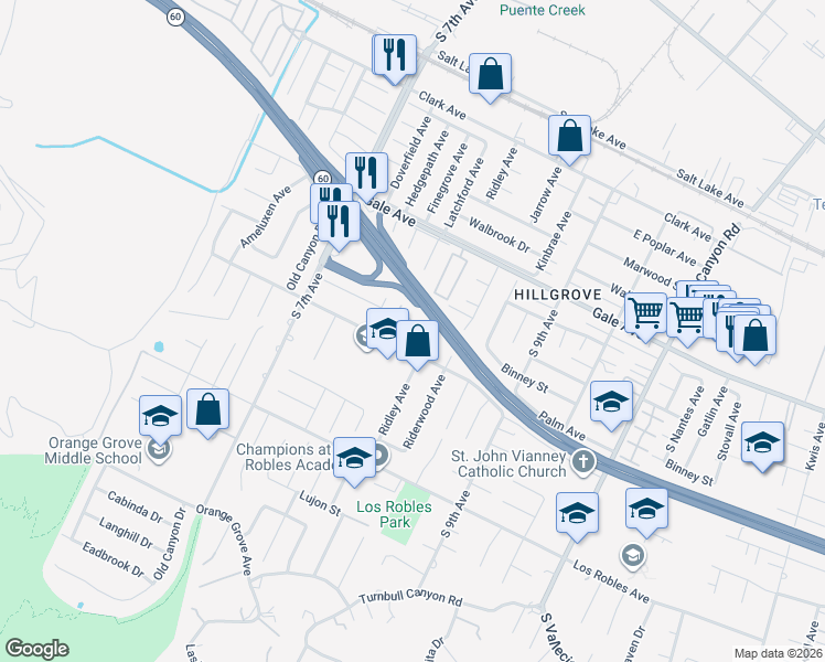 map of restaurants, bars, coffee shops, grocery stores, and more near 1231 Ridley Avenue in Hacienda Heights