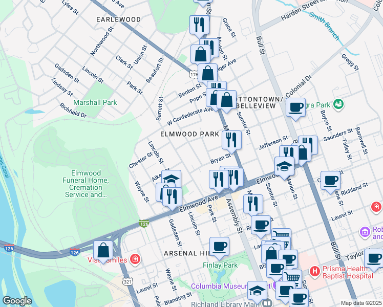 map of restaurants, bars, coffee shops, grocery stores, and more near 2301 Clark Street in Columbia