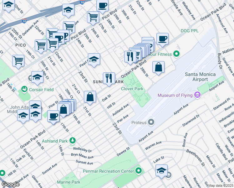 map of restaurants, bars, coffee shops, grocery stores, and more near 2424 Oak Street in Santa Monica