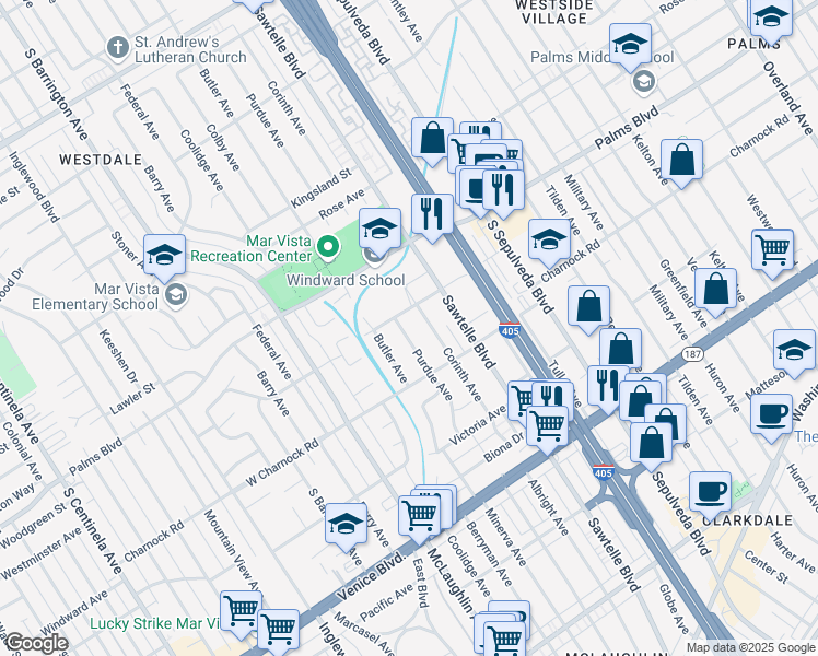 map of restaurants, bars, coffee shops, grocery stores, and more near 3516 Purdue Avenue in Los Angeles