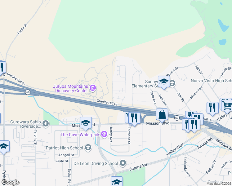 map of restaurants, bars, coffee shops, grocery stores, and more near 7404 Hawkeye Ridge Road in Jurupa Valley