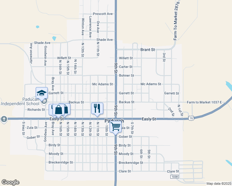 map of restaurants, bars, coffee shops, grocery stores, and more near Garrett Street in Paducah